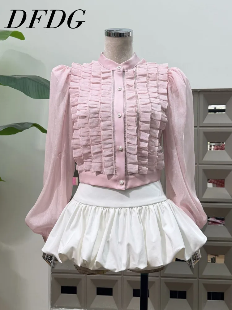 

DFDG 2025 Spring Autumn Women's Designer Short Puff Sleeve Sheer Multilayer Scallop Lace Single Breasted Blouse Elegant Top