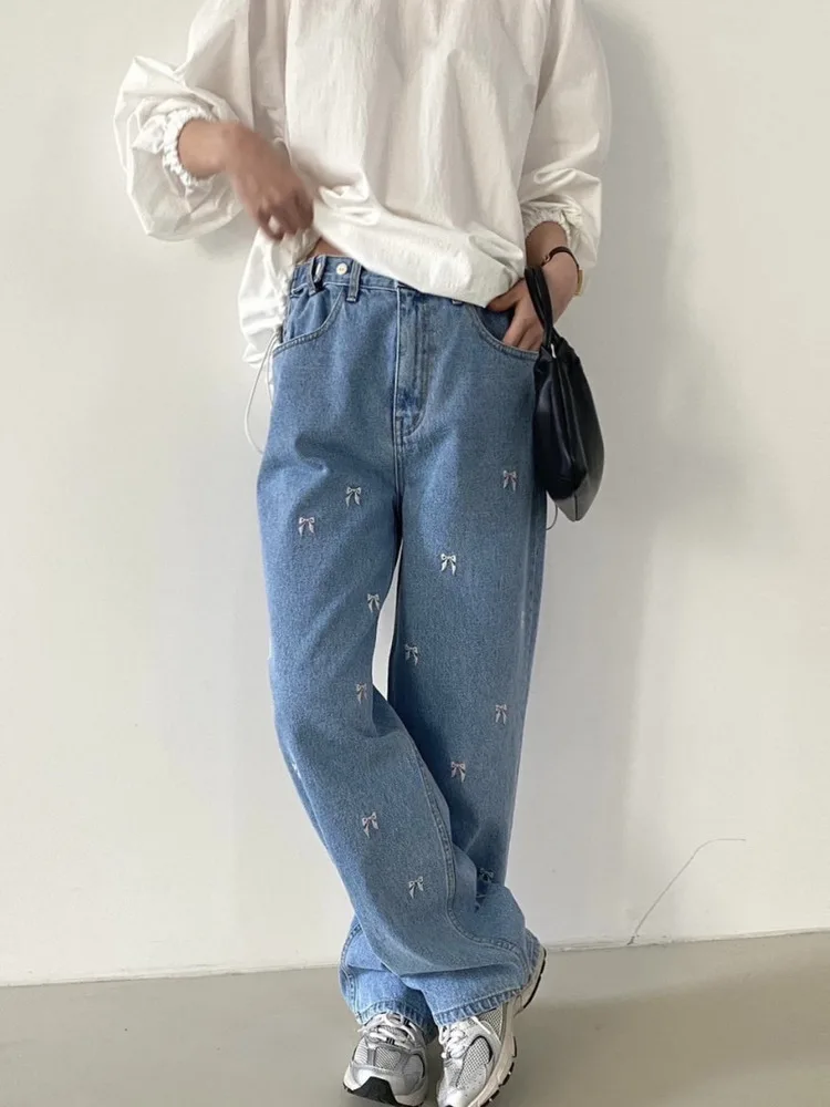 

Джинсы с вышитым узлом в стиле ретро, женские повседневные свободные прямые длинные брюки с высокой талией на молнии