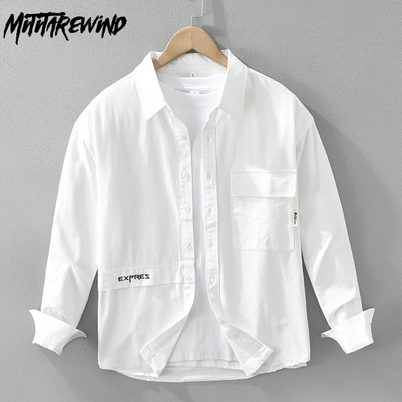 

Japanese Style White Shirt Men 2024 New Men's Long Sleeve Shirt Fall 100% Cotton Top Letter Embroidery Shirt Loose Causal Shirts