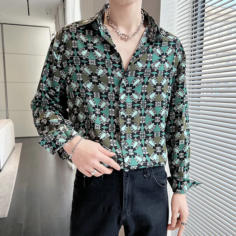 New Summer Men\'s Printed Shirts Oversized Clothing Casual Long Sleeve Striped Plaid Vintage Thin Draped Stretch Hawailan Blouses