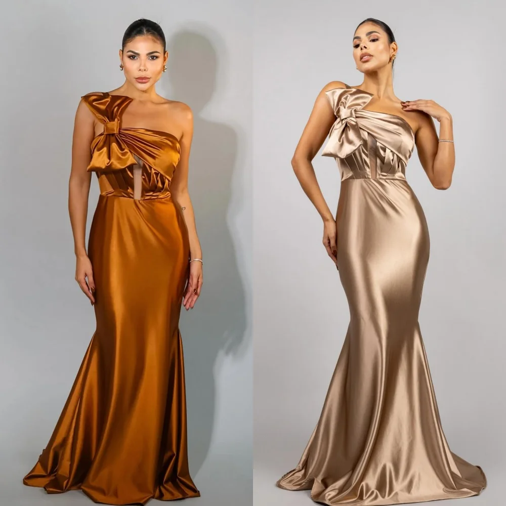 Satin Bow Ruched Homecoming Mermaid Strapless Bespoke Occasion Gown Long Dresses