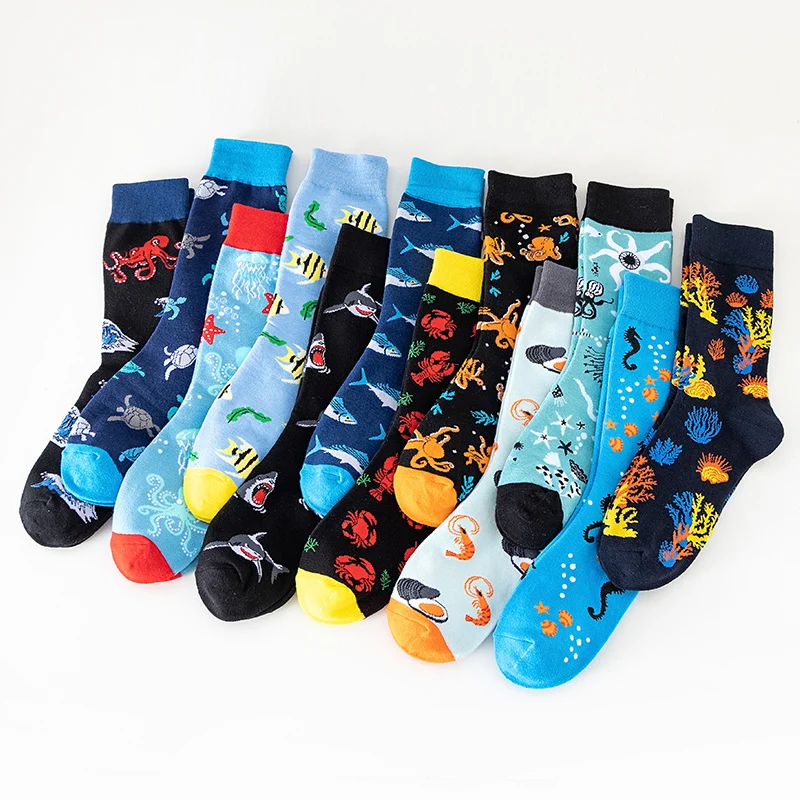 New Fashion Mens Socks Japanese Harajuku Happy Cartoon Socks Seahorse Crab Shrimp Coral Socks Trend Male Stockings Funny Socks