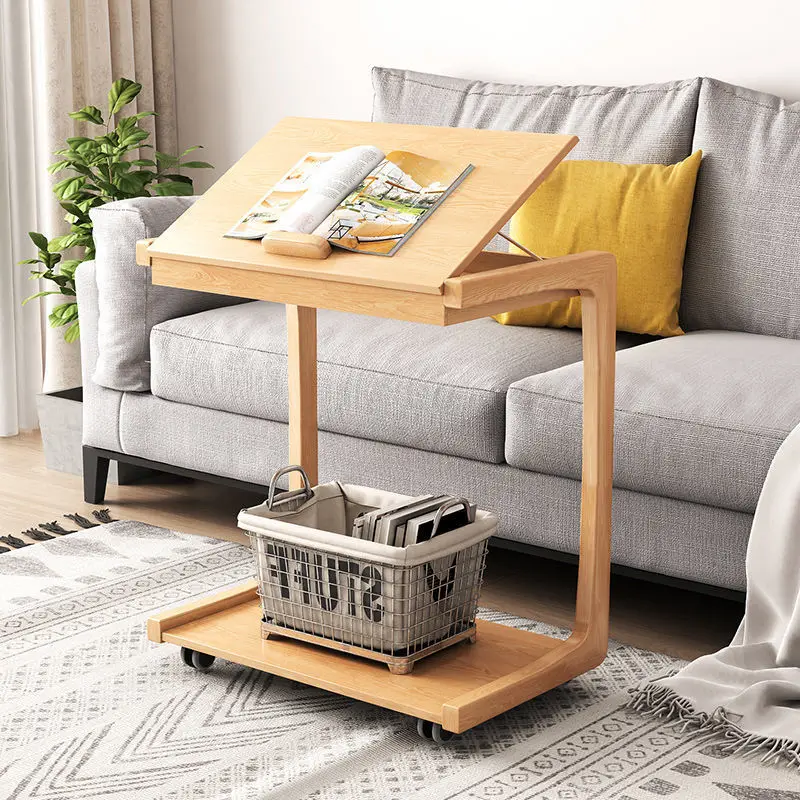 

All solid wood sofa side table removable U-shaped bedside table living room with wheels