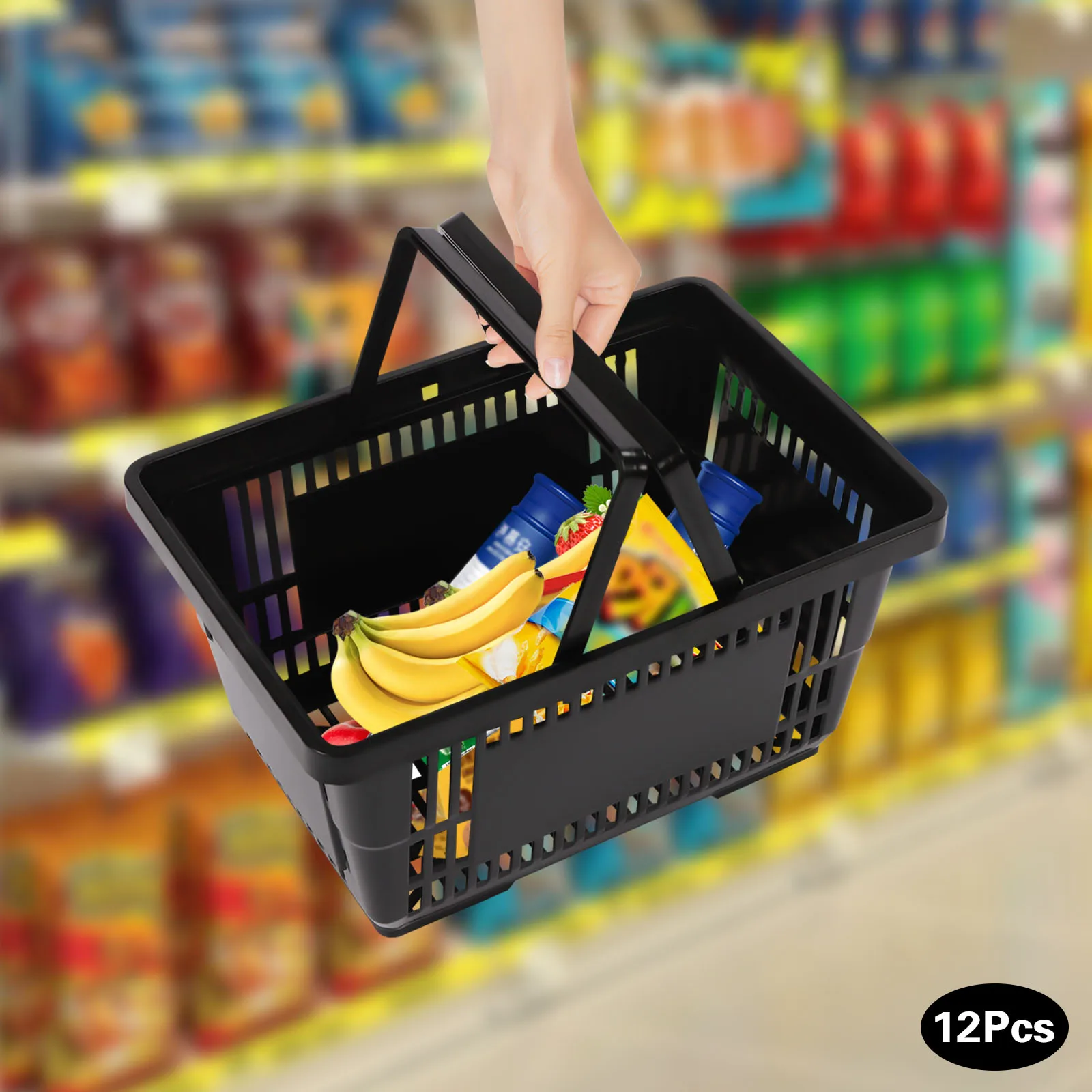 

12Pcs Shopping Baskets with Handles Black Plastic Shopping Basket Portable Grocery Baskets Large for Stores Supermarket Retail