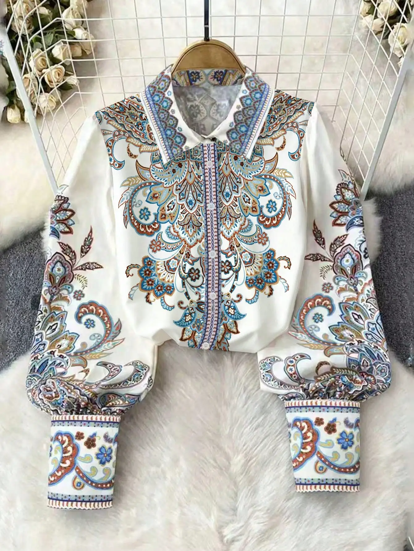 

Boho Paisley Print Long Sleeve Blouse with Collar and Button Front for Women