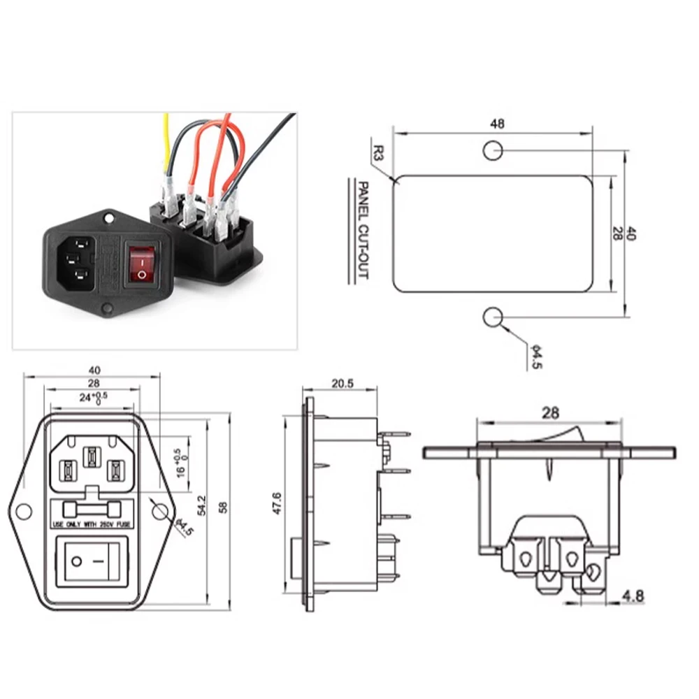 3-Pin w/AC Power Outlet 3-in-1 Pin Socket w/Switch Brass 10A C6 Fuse Inlet Plug Connector Computer Mounting Socket