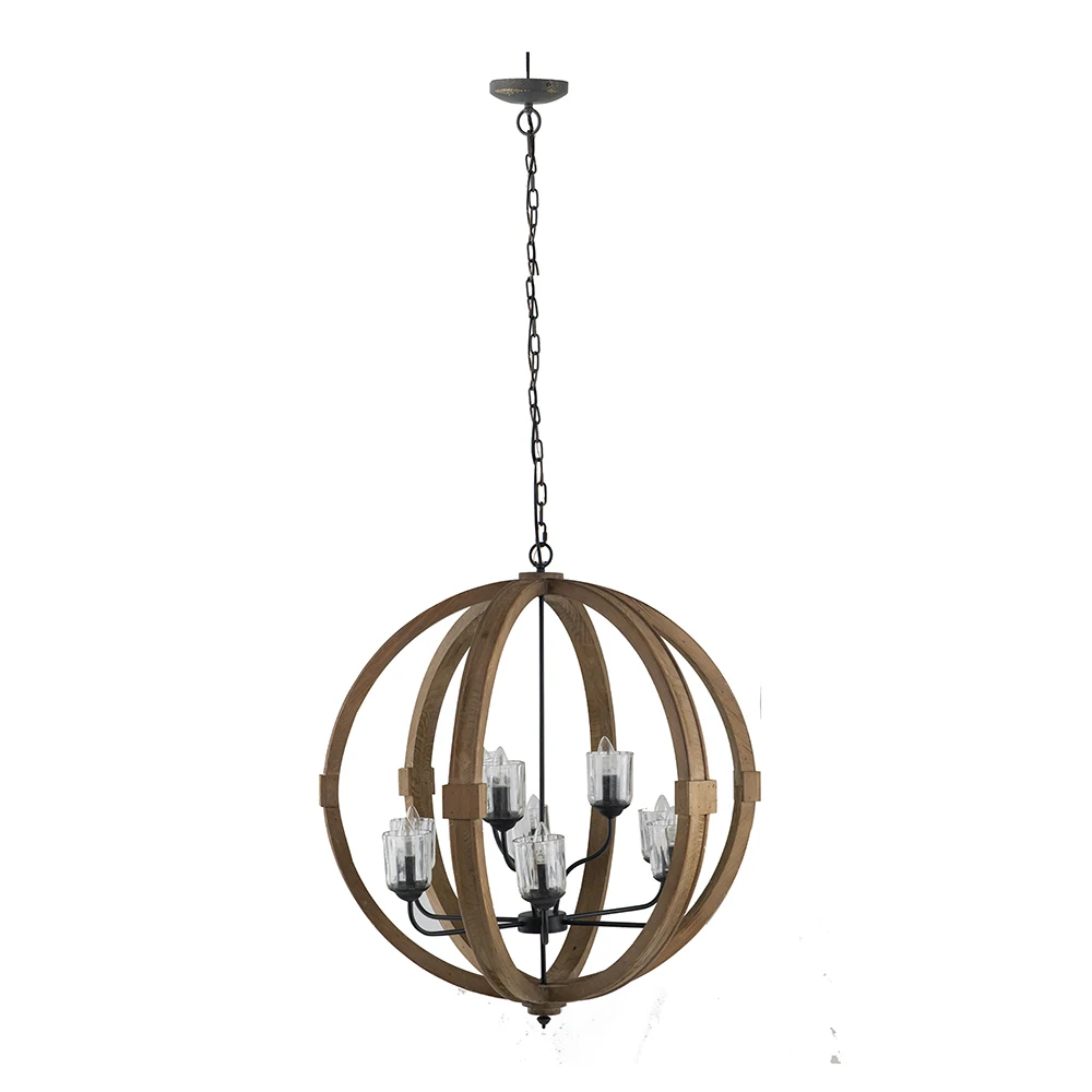 9- Light Globe Chandelier, Wood Chandelier Hanging Light Fixture with Adjustable Chain for Kitchen Dining Room Foyer Entryway