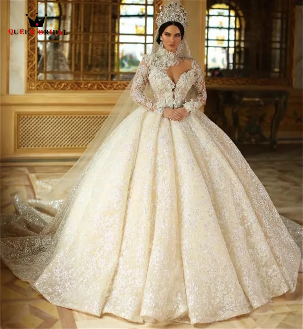 Custom Made Luxury Weddding Dresses 2023 New Ball Gown Long Sleeve Tulle Lace Crystal Flowers Formal Bridal Gowns SD21