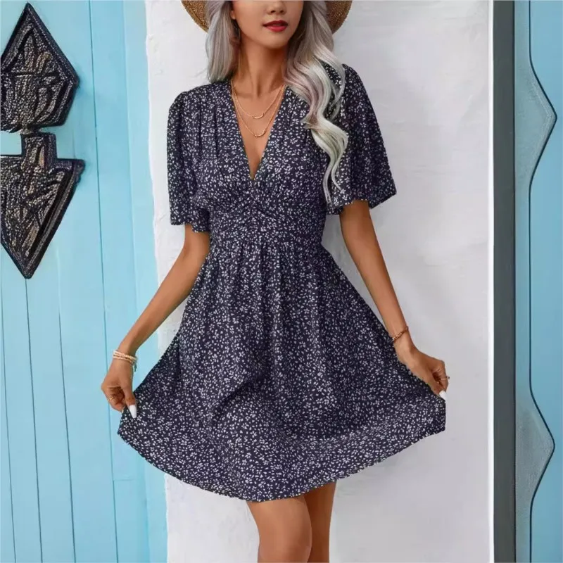 Elegant Women's Dress Summer New Deep V-neck Short Sleeve Printed High Waist Fragmented Flower Hundred Pleats Dress Vestidos