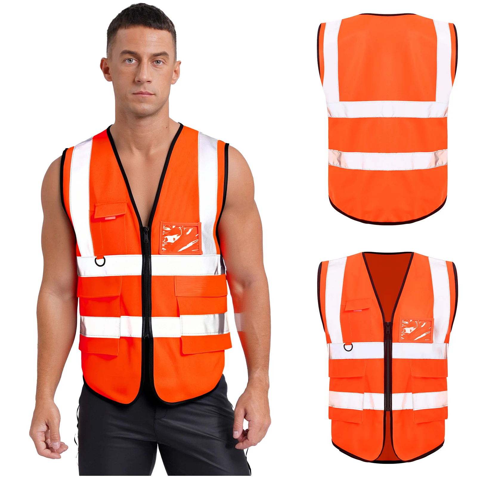 Gilet de sécurité réfléchissant haute visibilité pour hommes, col en V, sans manches, fermeture éclair, veste de travail avec multi-poches pour le cyclisme, les activités de plein air