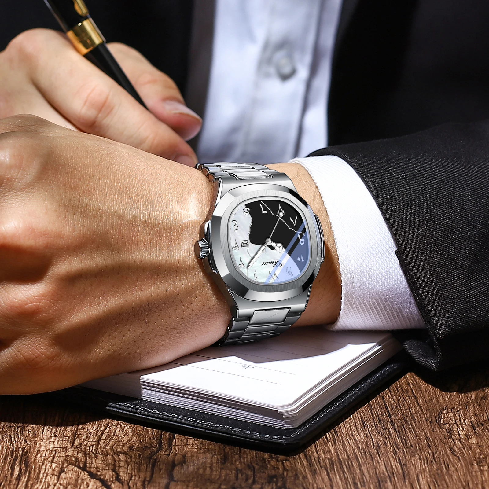 CHENXI นาฬิกาแบรนด์หรูสำหรับผู้ชาย นาฬิกาข้อมือผู้ชายแฟชั่นเรียบง่าย สายเหล็ก ควอตซ์ กันน้ำ แสดงวันที่เรืองแสง