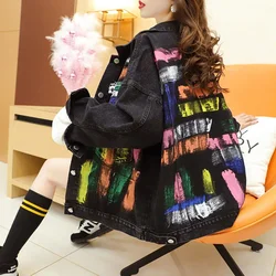 Black Blue Denim Jacket Women Spring And Autumn 2023 New Korean Loose Design Printing Casual Kurtka Jeansowa Damska Female