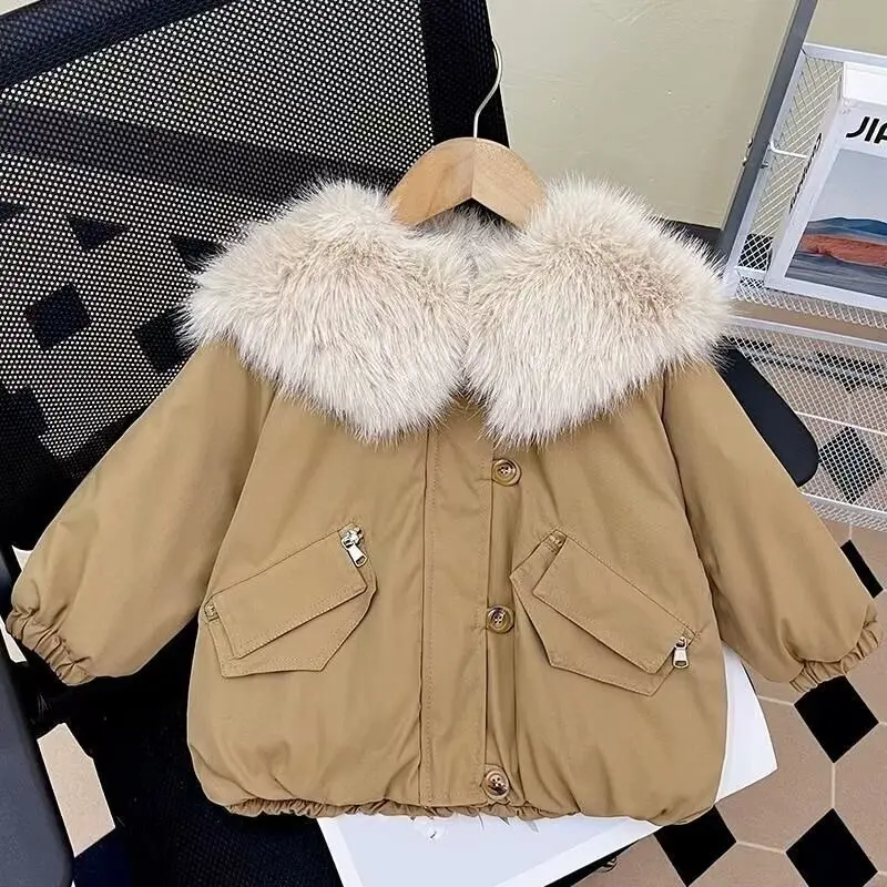 Girls Winter Jacket Plus Velvet Warm Kids Windbreaker Coat For Girls Fur Collar Parkas Children Outerwear