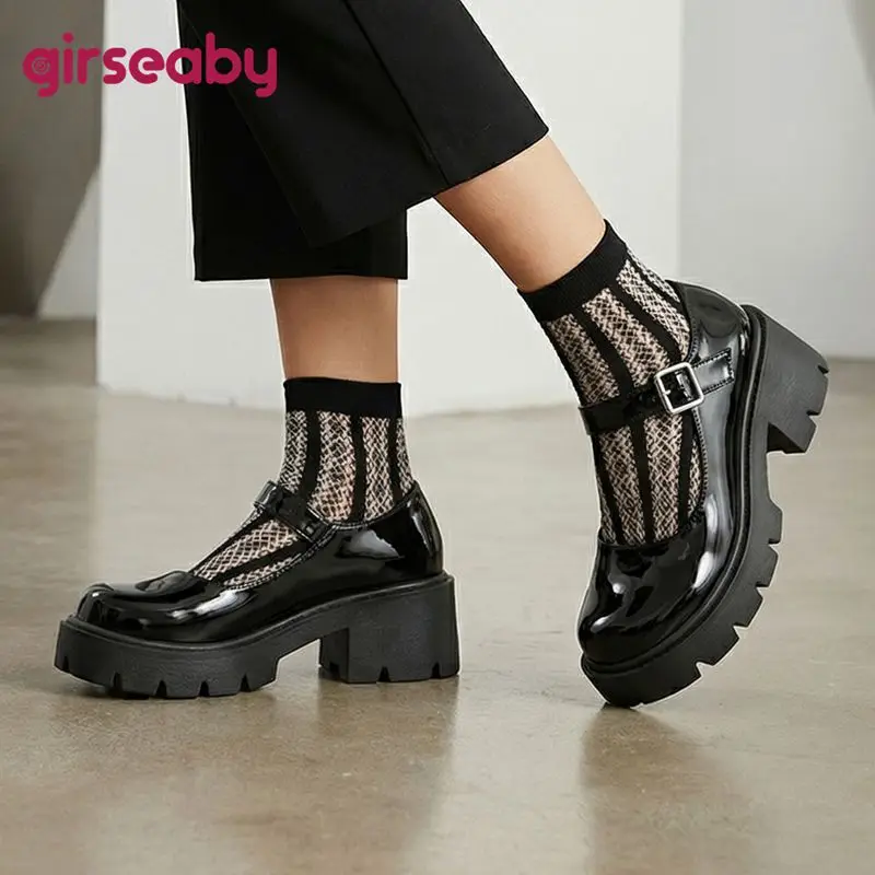 

Женские туфли Girseaby синие блестящие, с круглым носком, на толстом каблуке 6 см, на платформе, с ремешком и пряжкой, большие размеры 42, 43, 44, повседневные туфли Мэри Джейн