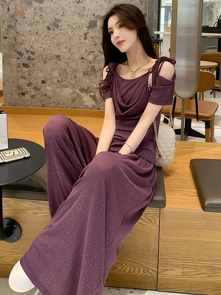 

Korean Women's Pants Suit Dropped Collar Off-the-shoulder Purple Short-sleeve Thin Tops High-waisted Casual Wide-leg Pants Set