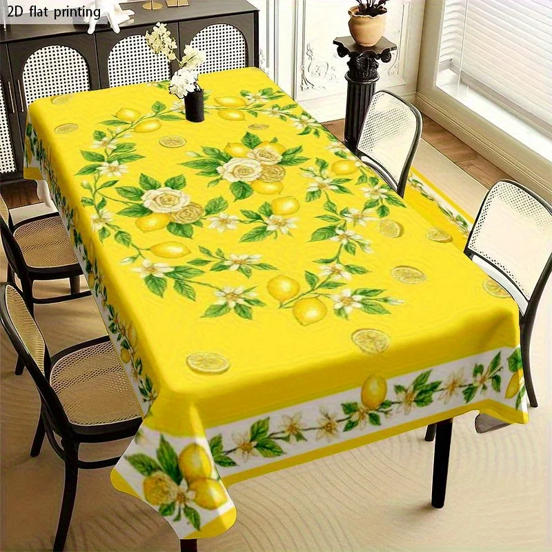 1pc Soft Fashionable 2D Flat Tablecloth, Machine Washable and Easy to Clean, Lemon Wreath Pattern, Bright Yellow Background, Fresh Country Style, Christmas Decoration Print, Foldable and Easy to Store, Suitable for Kitchen, Dining Room