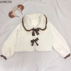 Japanese Sweet Lolita Style Cropped Jackets Women Kawaii Peter Pan Collar Bow Overcoat All Match Y2k Soft Plush Winter Outerwear