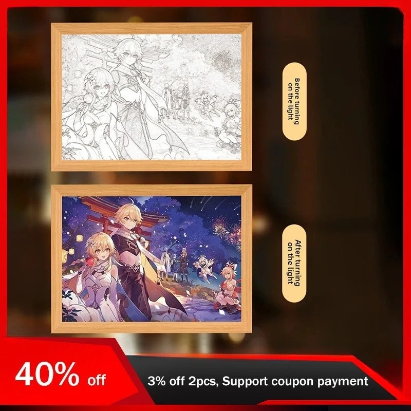 

23cm/9.06in Genshin Impact Mirror Light Painting Night Game Group Photo Peripherals Bedroom Decoration Collectible Desk Display