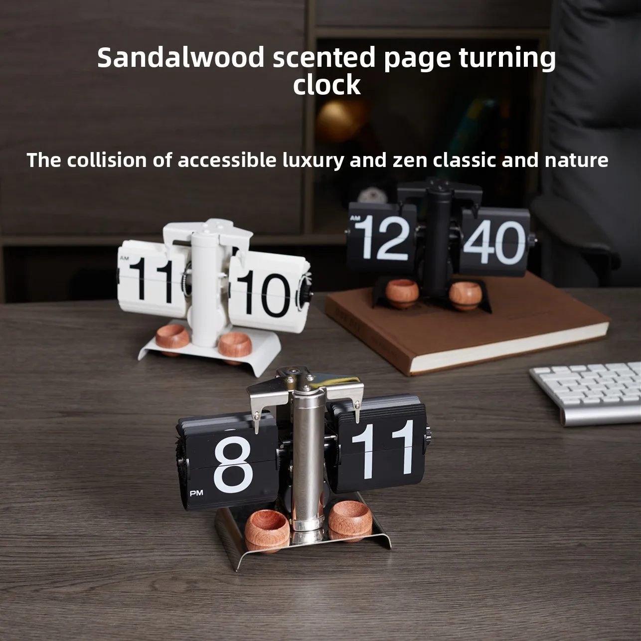 Sandalmwood Flip Clock - Aromatic Vintage Desk Clock with Auto-Flip Numbers, Natural Wood Zen Decor for Home/Office Sandalmwood