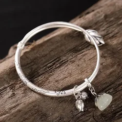 silver inlaid natural Hotan Chalcedony lotus blossom Bracelet Chinese classical elegant lady adjustable brand jewelry