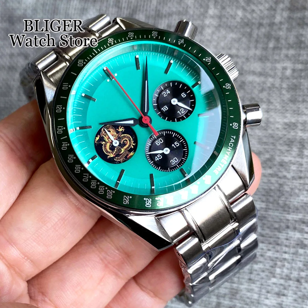 Luxury Quartz Watch Men 40mm Chronograph Multifunction  VK63 Movement Green Dial Stainless Steel Strap Montre homme