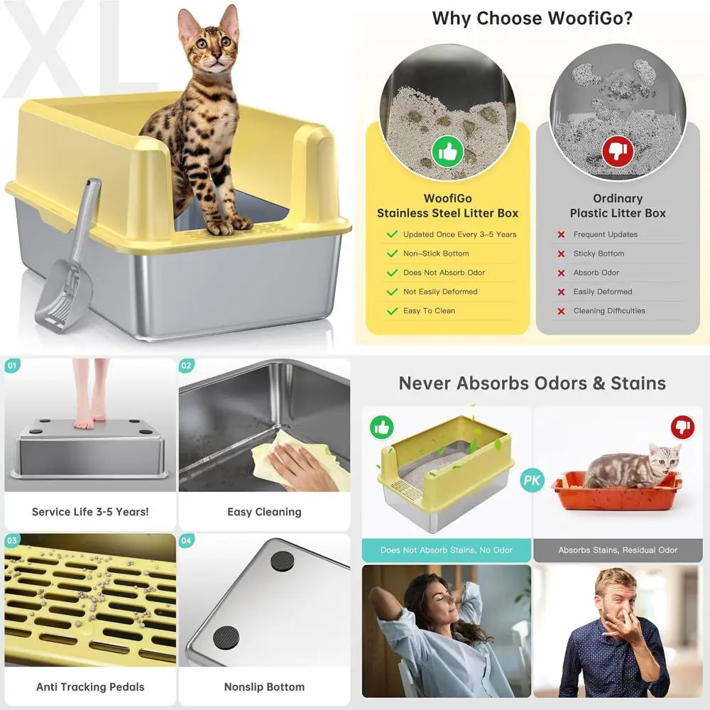 

Extra Large Stainless Steel Litter Box with High Sides for Large Cats & Multi-Cat Households - Easy Clean, Leak-Proof, Includes