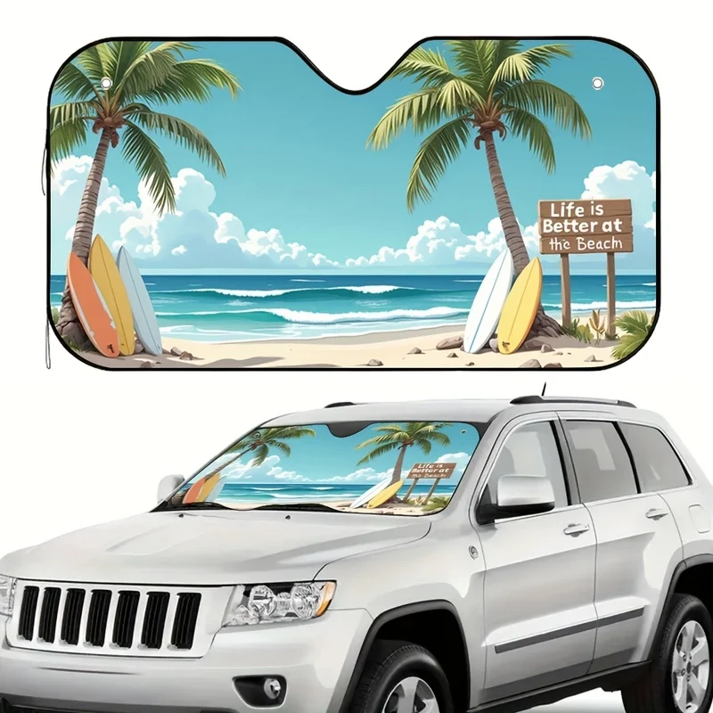 Tropical Beach Scenic Design Car Sun Visor-Reduced Sunlight And Heat Comfortable Interior Temperature for Long Distance Driving