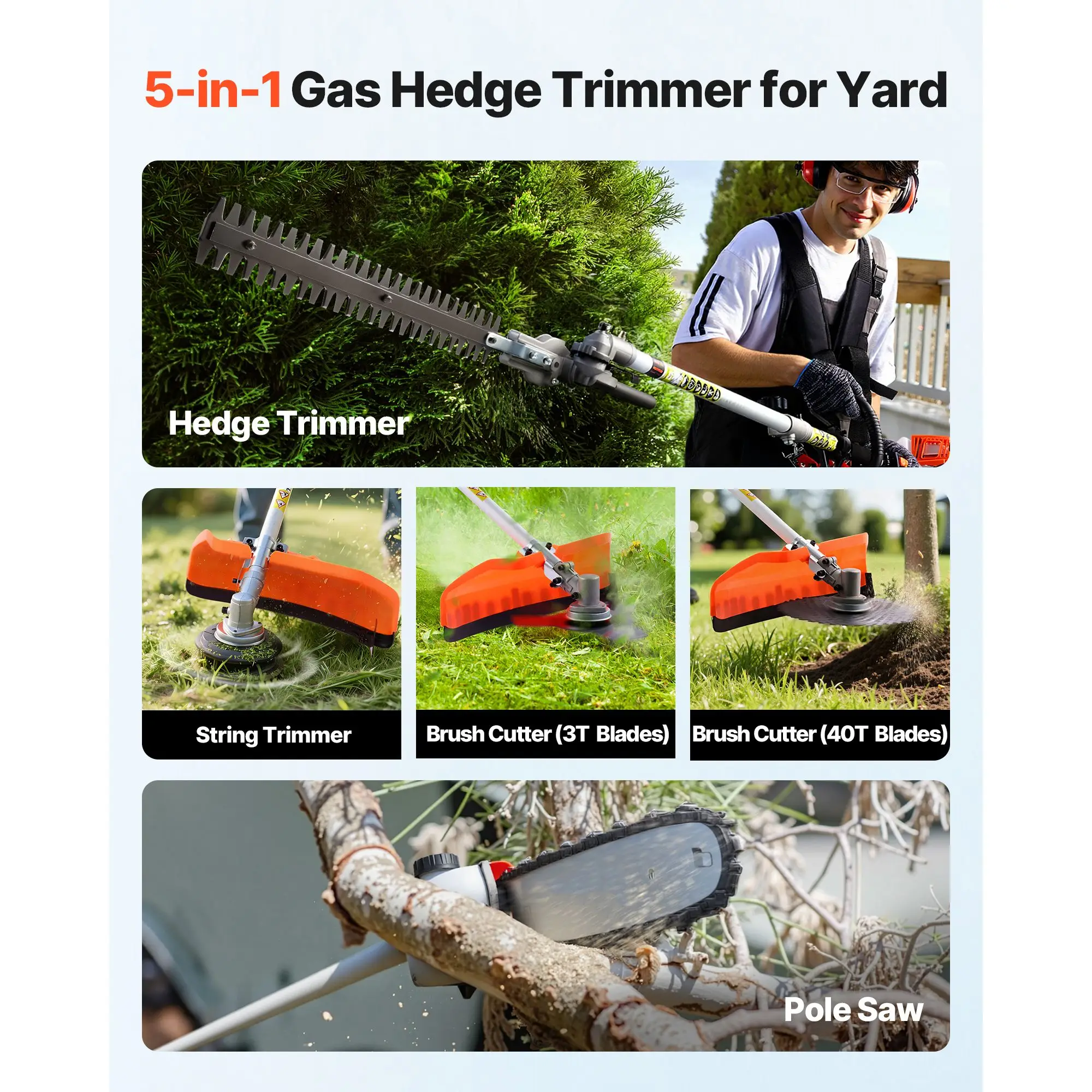 Gas Hedge Trimmer, 2 Cycle Gas Power Handheld Hedge Trimmer, 5-in-1 63cc Cordless Weed Eater with Protective Gear Set, Includes