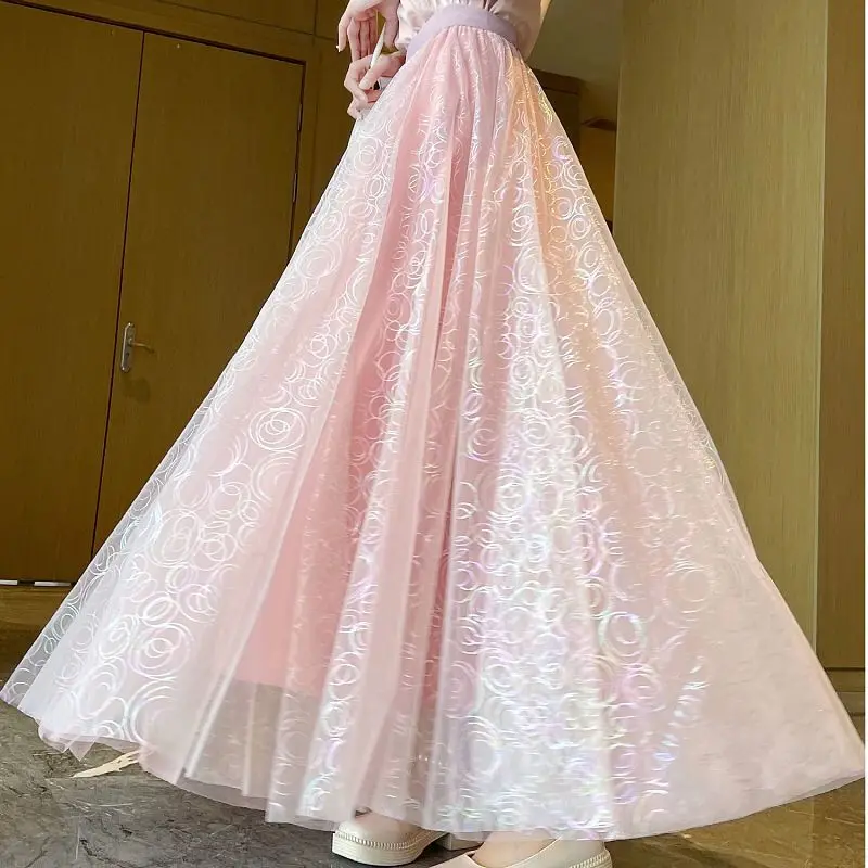 

Autumn Winter Women Mesh Elastic Tutu Skirt Beach Skirt Spring Summer Korean High Waist Vintage Long Skirt Tulle Skirts Sequin S