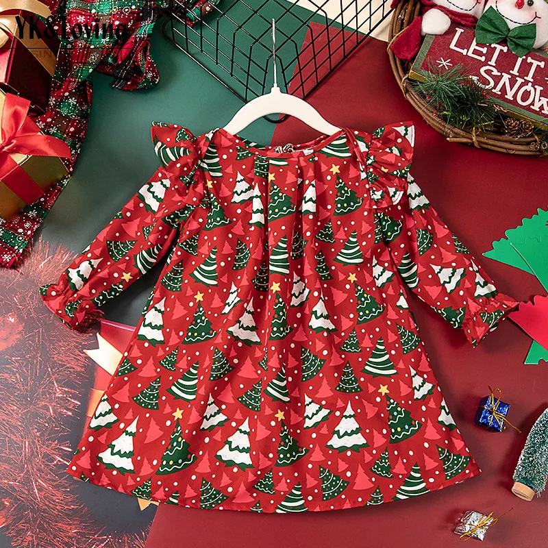 Autumn and Winter Girls' New Christmas Tree Print Cartoon Cute Flying Sleeve Long Sleeved Dress Christmas Party Princess Dress