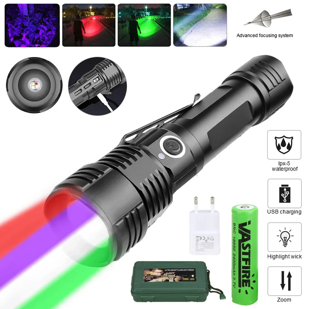 LED Flashlight Outdoor USB Rechargeable Zoomable Hunting Flash Light Tactical 4 in 1 Red/Green/UV/White Light Torch for Camping