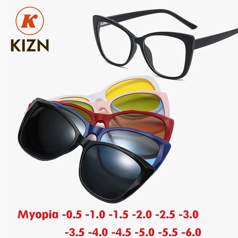 

KIZN женские солнцезащитные очки «кошачий глаз» для близорукости 6 в 1, модные поляризационные очки с магнитной клипсой, оправа для очков по рецепту-0,5 ~-6,0