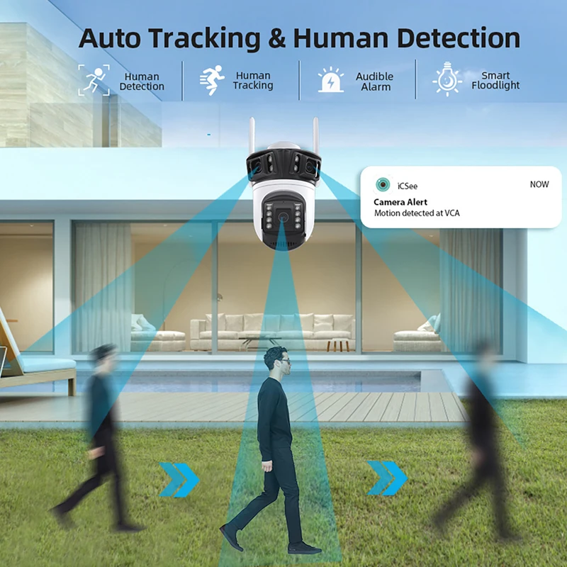12MP WiFi IP Camera Outdoor Triple Lens Three Screen Security PTZ Surveillanc Camera AI Human Tracking CCTV Cam ICESS APP