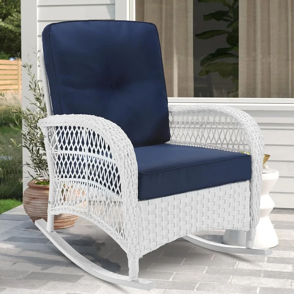 Outdoor Wicker Rocking Chair, Patio Rattan Rocker Chair with Cushions & Steel Frame, All-Weather Rocking Lawn Furniture for Gar