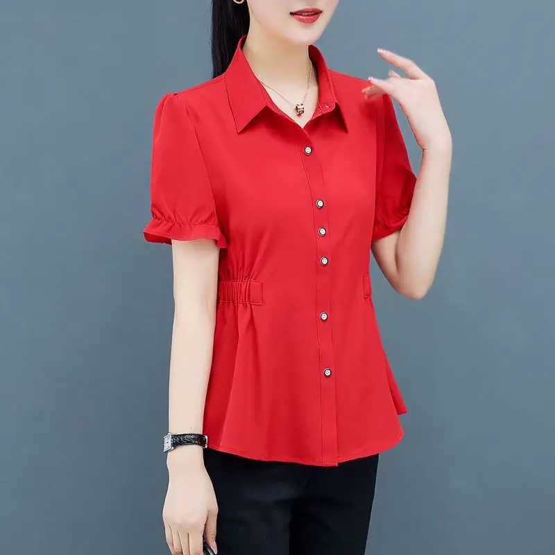 Office Lady Solid Color Shirt Fashion Shirring Waist Female Clothing Casual Turn-down Collar 2024 Summer Single-breasted Blouse