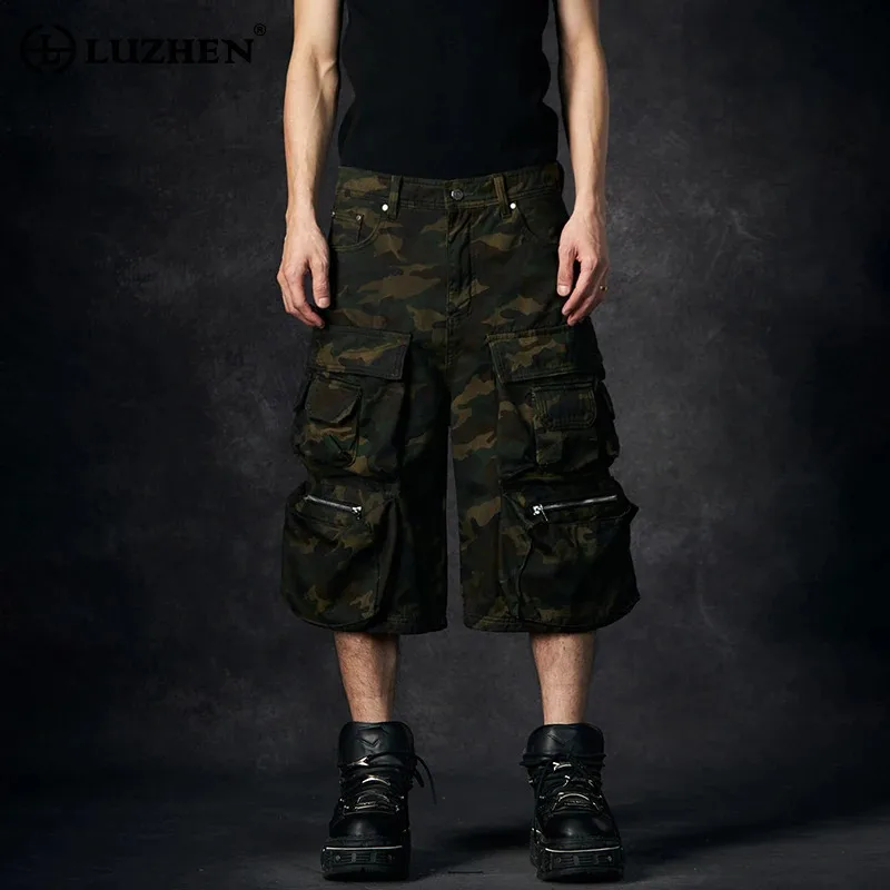 

LUZHEN Multi Pockets Design Camouflage Printed Cargo Cropped Pants Men 2025 Summer Fashion Street Casual Straight Shorts JY1545