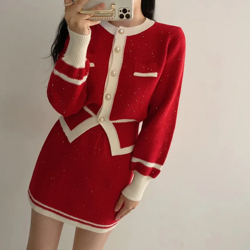 Vintage sequin Knitted Two Piece Set for women Contrast Color Long Sleeve Cardigan Top + Mini Skirt Sets Korean Fashion Outfits