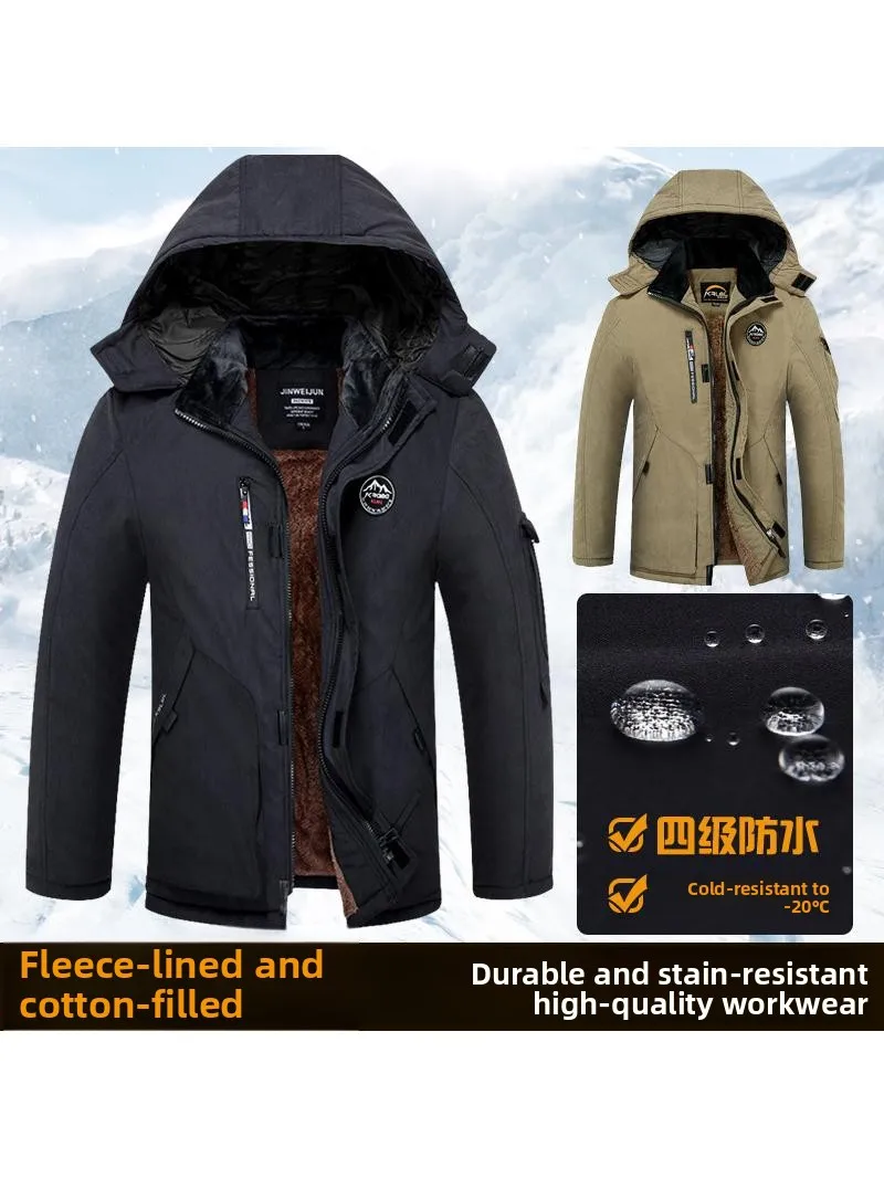 

Thickened Fleece Winter Cotton Jacket Dad Workwear Protective Clothing Waterproof Labor Protection Long Coat Warm Medium-Leng...