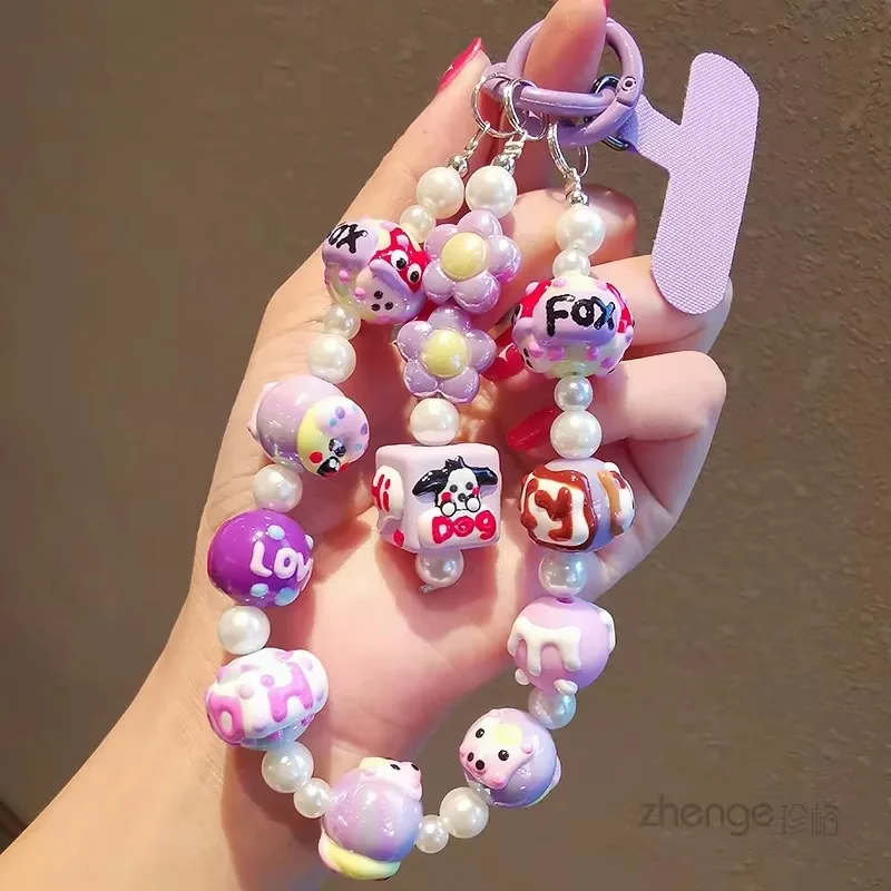 Candy Colored Graffiti Cartoon Bead Phone Charm Luxury Phone Case Chain Handmade DIY Decoration Cute Hanging Rope Cute Lanyard