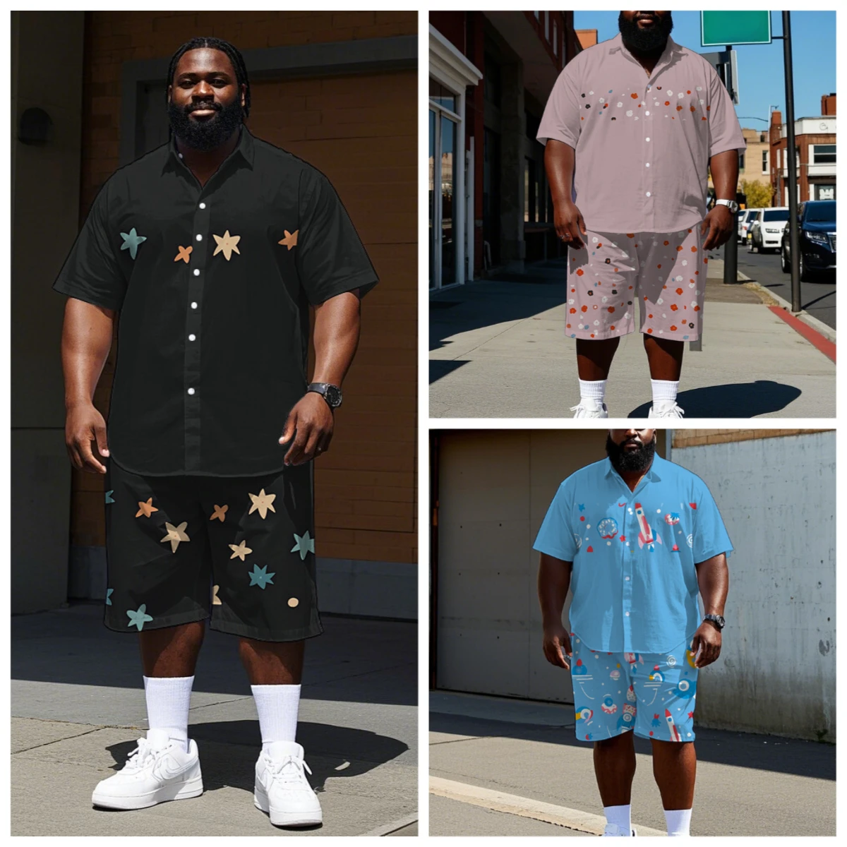 

S-9XL Big and Tall Men Summer Rocket Floral Geometric Star Print Oversized Shirt Shorts Set Multi-Design Casual 2-Piece Outfit