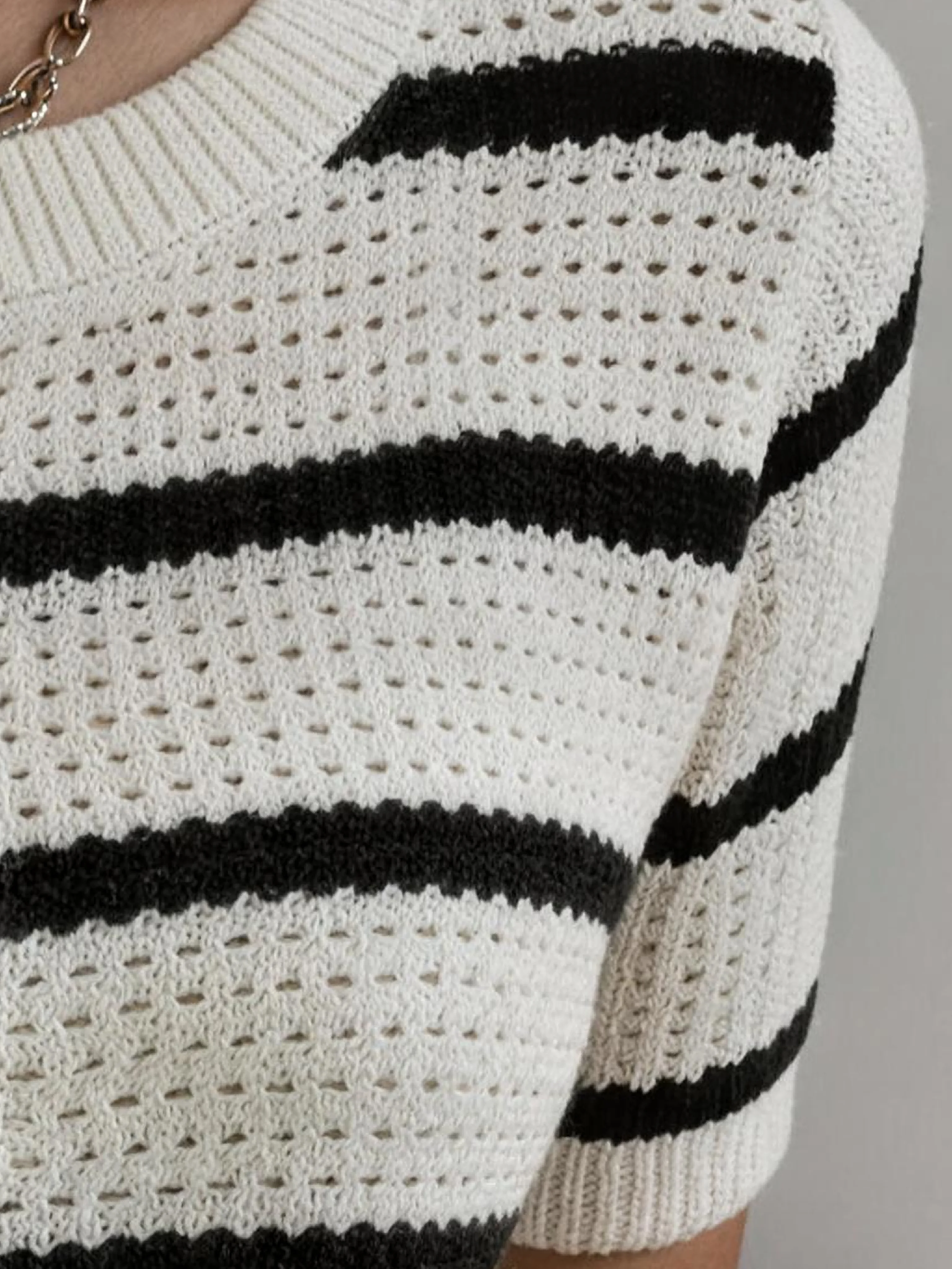 Women's Striped Knit Cardigan, Short Sleeve Hollow Out Sweater with Gold Buttons, Elegant Casual Knit Top for Spring Summer view 5