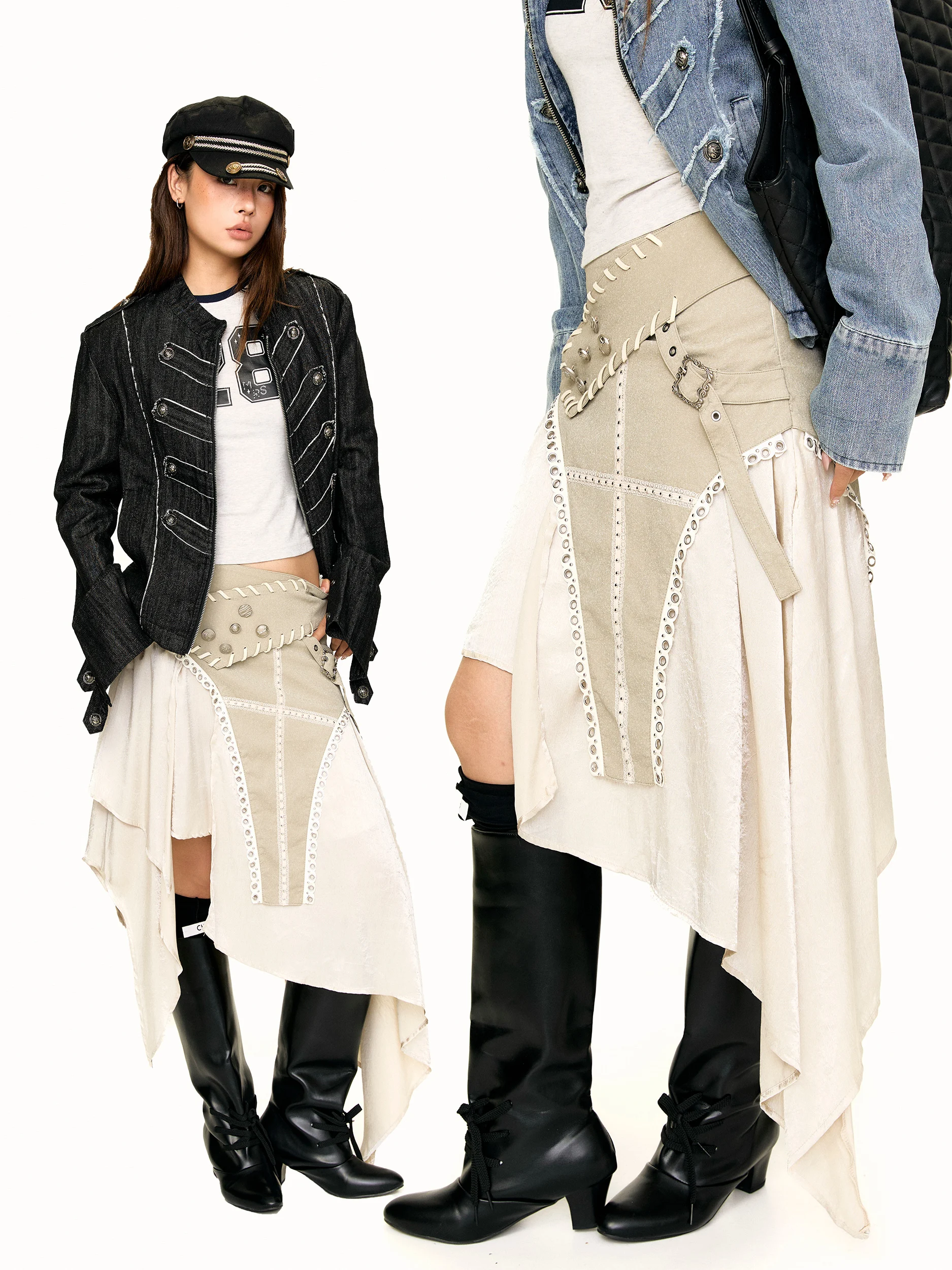 Casual Elegant Uneven Splicing Women's Midi Skirt Autumn Trendy Design Blackbb Mysterious And Alluring Half-length Skirt