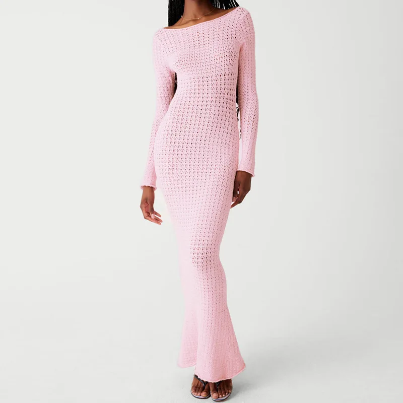 DSMTRC Lady Holidays Club Evening Outfits Elegant Long Sleeve Bodycon Party Dresses Pink Backless Knitted Maxi Dress for Women