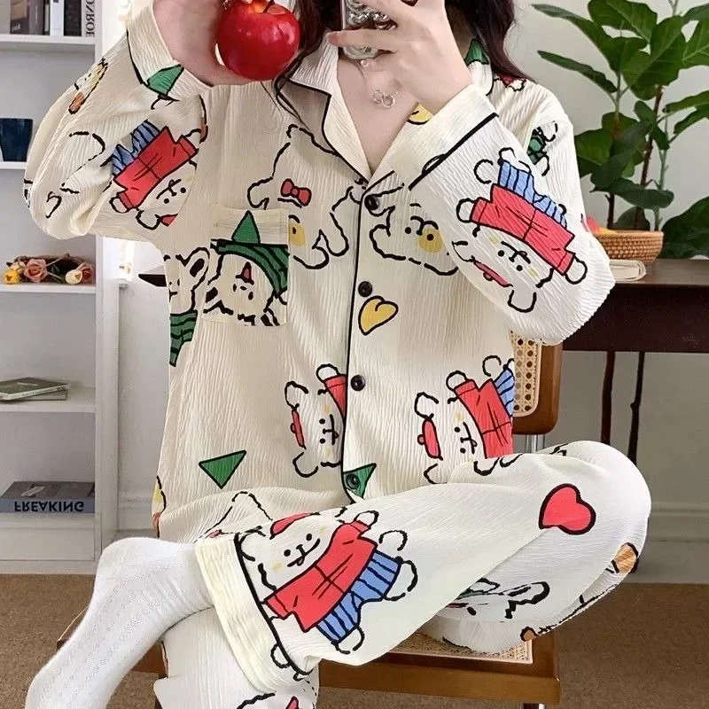 2023 New Pajamas Women's Spring Autumn Loose Loungewear Cute Long Sleeved Sleepwear Cartoon Student V-neck Homewear Set