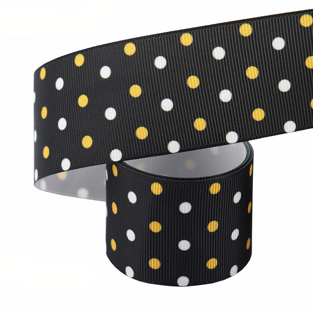 

38mm Heat Transfer White Black Yellow Striped Polka Stars Dots Polyester Grosgrain Ribbon For Box Packing 10Yards