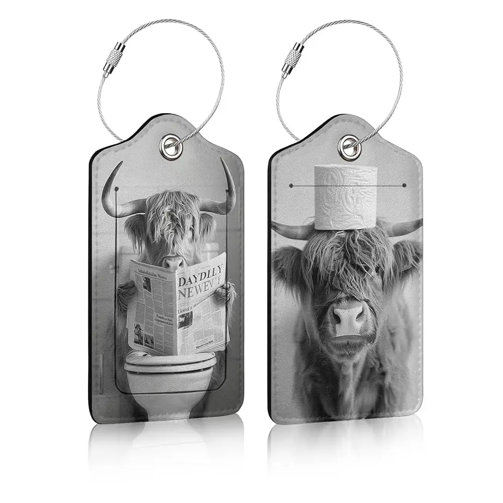 

Luggage Tag for Suitcases 2 pcs, Funny Highland Cow PU Leather Luggage Tag with Privacy Cover ID Label for Women Men Travel