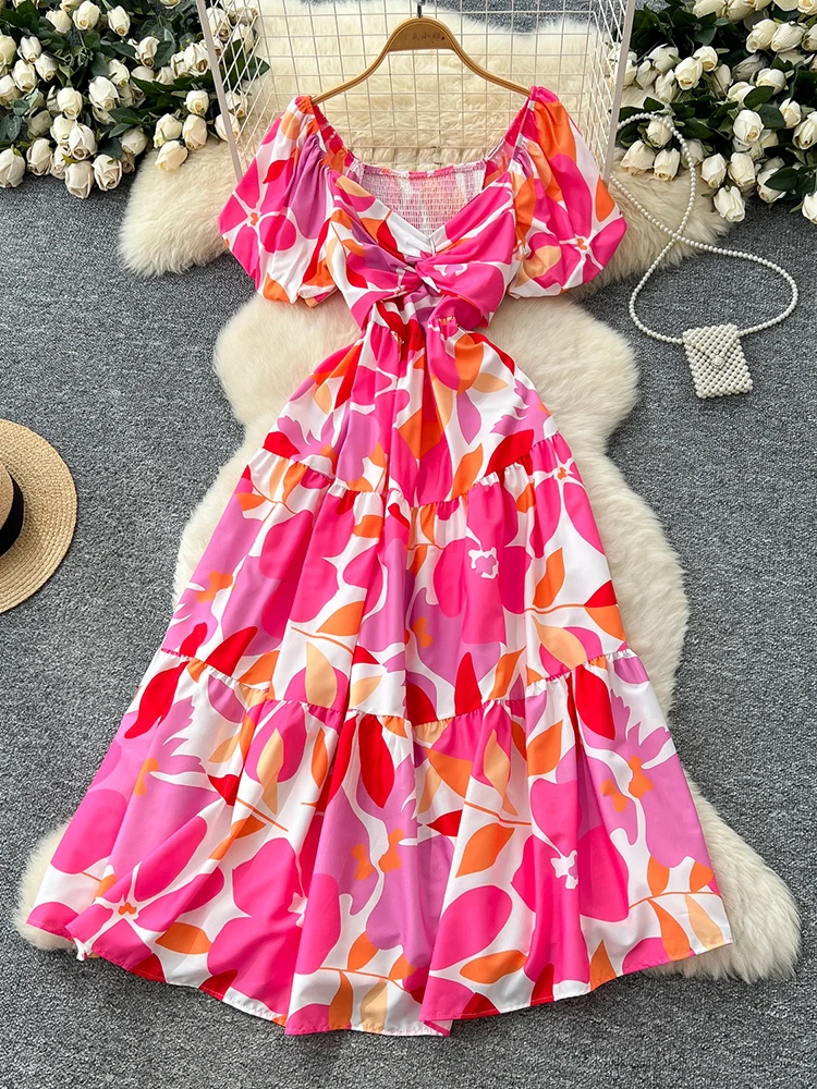 Robe longue à fleurs pour femmes, col croisé, taille cintrée, manches courtes, nouvelle mode, Sexy, plage, vacances, été, Y100