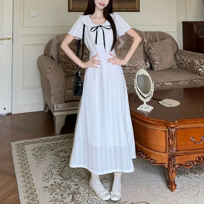

Summer Aura A-Line Waist Dresses Sweet Doll Collar Stylish Drawstring Bow Female Clothing White Short Sleeve Basic Long Dress
