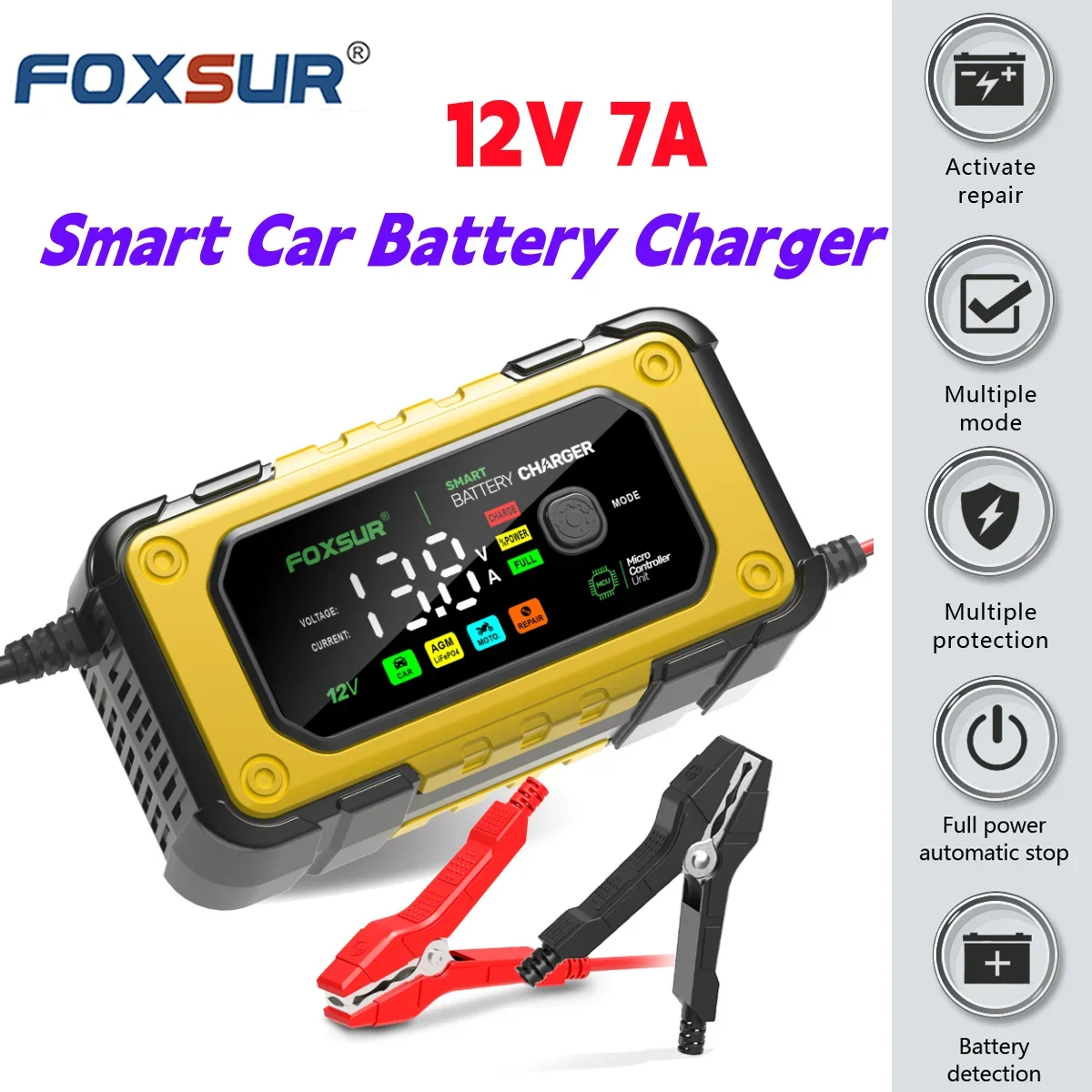 FOXSUR Smart Car Battery Charger for 12V 7A AGM GEL LiFePO4 Batteries Desulfator Motocycle Fast Charging Maintainer with Repair