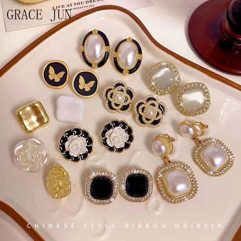 GRACE JUN Vintage Pearl Clip on Earrings Women\'s Non Pierced Earrings 2023 New Fashion Temperament Faux Cuff Earrings Ear Clip